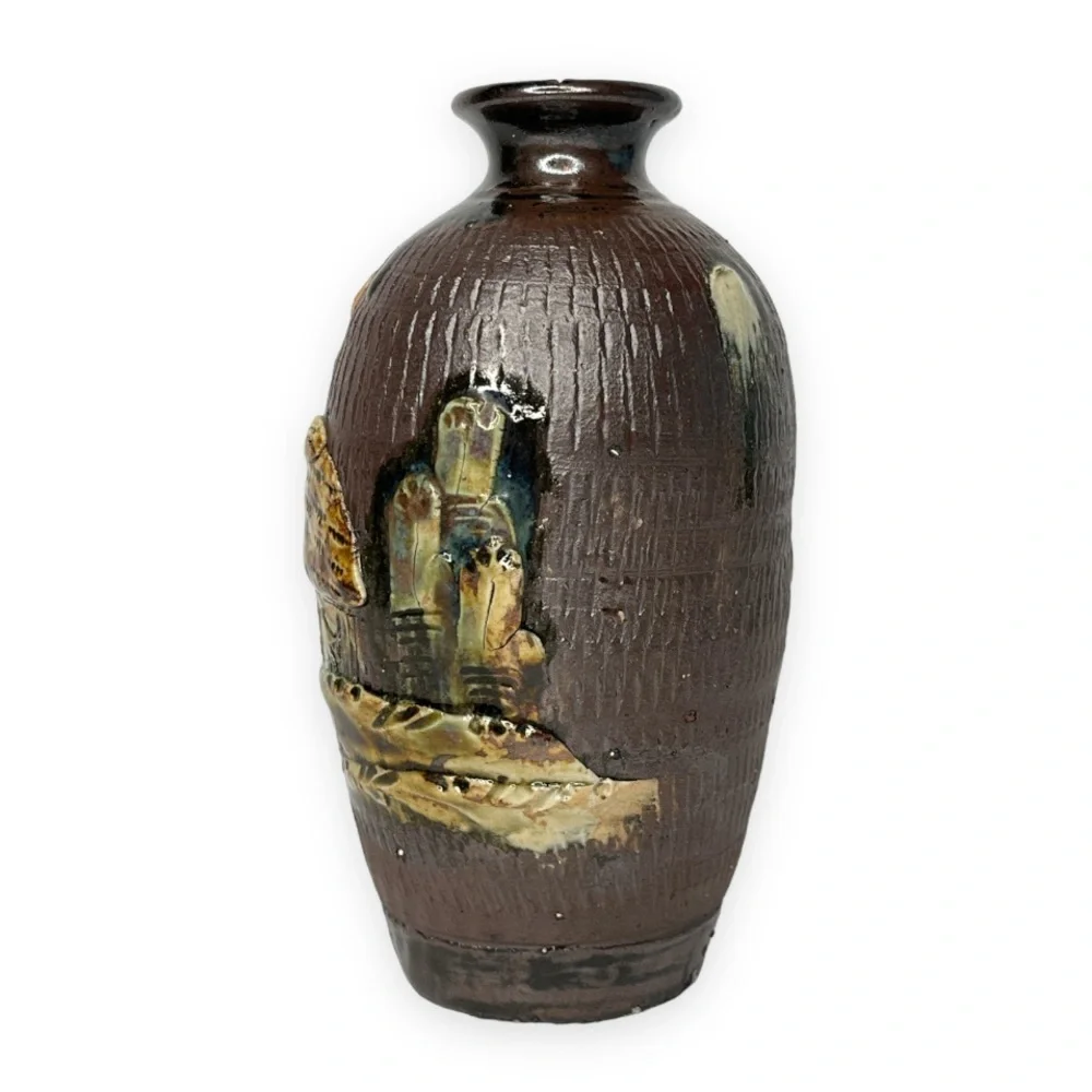 Asian Japanese Ceramic Art Pottery Vase Hut House Tree Decoration Brown Tan Pair